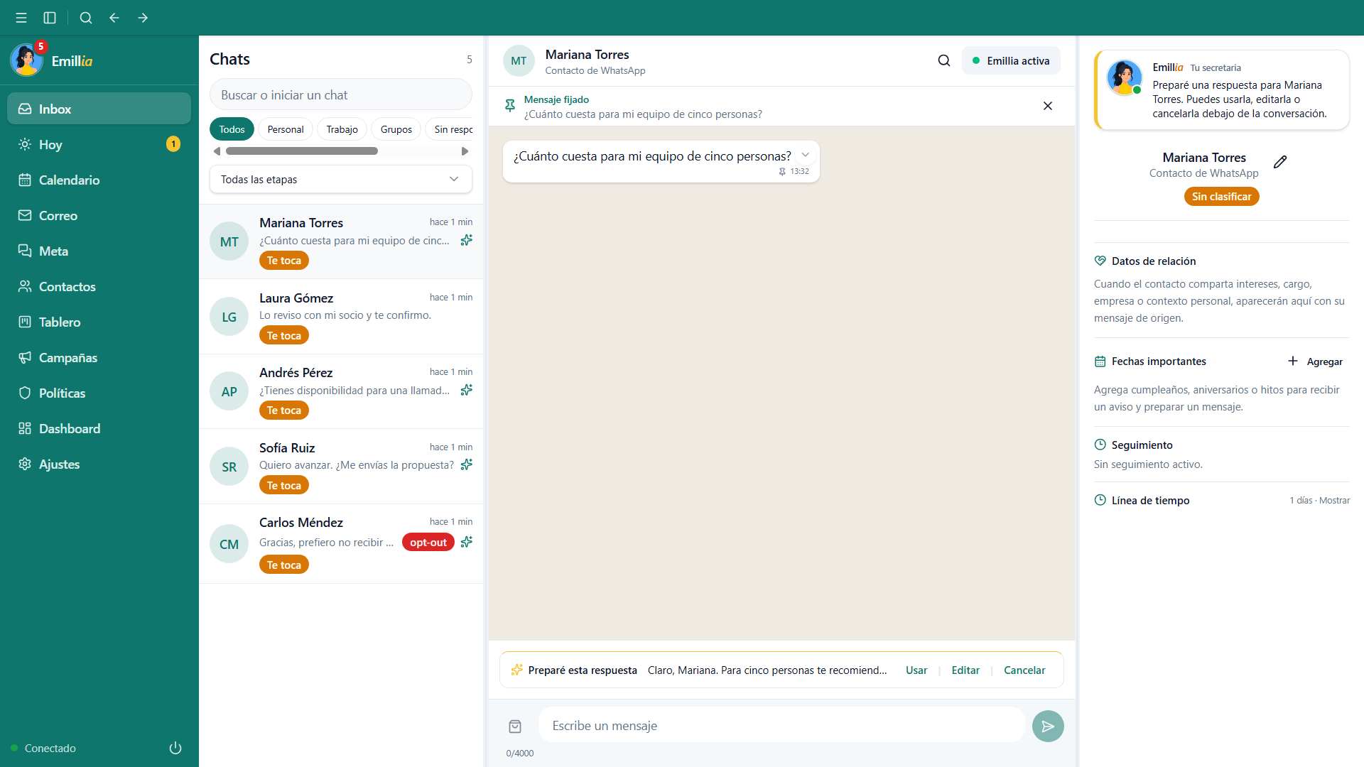 Inbox real de Emillia con un borrador preparado